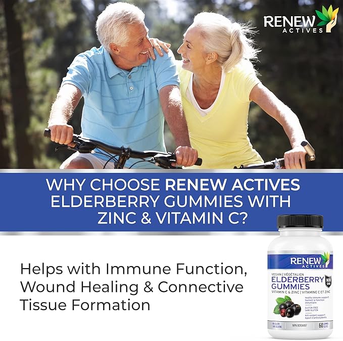 Renew Actives Vegan Elderberry Gummies with Vitamin C & Zinc - Antioxidants for Immune Function & Healthy Development of Bones, Cartilage, Hair, Nails, and Skin - 60 Gummies