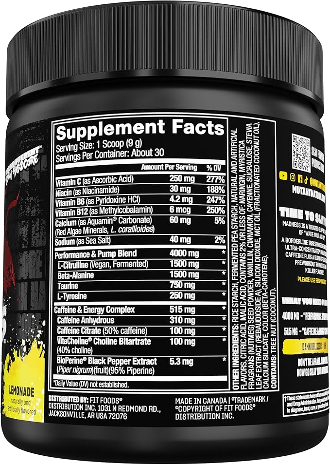 Mutant Madness | Pre Workout Powder Supplement Performance and Pump Blend Includes L-Citrulline, Beta-Alanine, Taurine, L-Tyrosine | 30 Serving | Lemonade