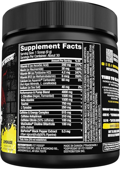 Mutant Madness | Pre Workout Powder Supplement Performance and Pump Blend Includes L-Citrulline, Beta-Alanine, Taurine, L-Tyrosine | 30 Serving | Lemonade