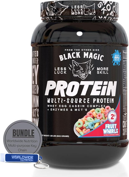 Worldwide Nutrition Black Magic Multi-Source Protein Powder - Whey, Egg Albumin Enzymes, Micellar Casein & MCTs - Muscle Mass Gaining - Fruit Whirls Flavor - 2 LB with Bonus Multi Purpose Key Chain