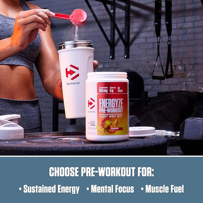 Dymatize Energyze Pre Workout Powder for Men and Women, Peach Mango Flavor, 150mg Caffeine, 5g BCAAs, Performance Blend of L-Theanine, L-Tyrosine, L-Citrulline, No Sugar, 30 Servings