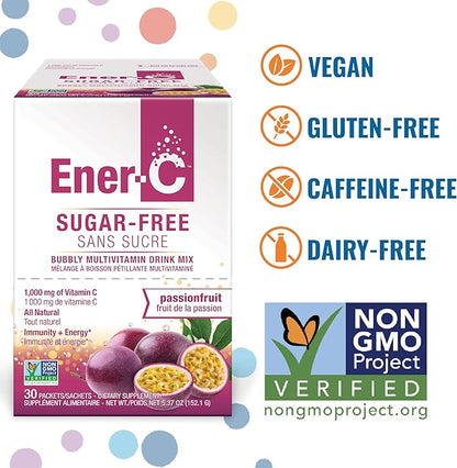 Ener-C Sugar Free Energy Passion Fruit Multivitamin Drink Mix Vitamin C 1000mg & Electrolytes - Natural Immunity Support with Real Fruit Juice Powders - Non-GMO Vegan & Gluten Free - 60 Count