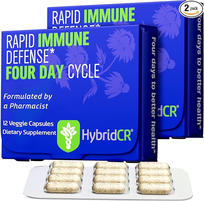 HybridCR Rapid Immune Support Supplement – 4 Day Immunity Supplement - Immune Defense Booster with Echinacea, Ginseng, Andrographis, Zinc, Selenium – Travel Size System Support – 24 Caps, 2 Dose Packs
