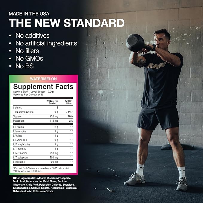RAW EAA Amino Acids Powder, Watermelon (25 Servings) - Pre Workout Amino Energy Powder for Strength, Endurance, Recovery & Lean Muscle Growth - BCAA Amino Acids Supplement for Men & Women