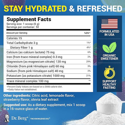 Dr. Berg Zero Sugar Hydration Keto Electrolyte Powder - Enhanced w/ 1000 mg of Potassium & Real Pink Himalayan Salt (NOT Table Salt) - Strawberry & Lemonade Hydration Drink Supplement - 50 Servings