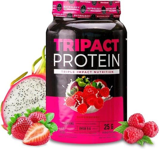 Nutrology TRIPACT Protein Powder, Superberry 7-in-1 Meal Replacement Shake with Grass Fed Whey Protein Powder, Greens, Probiotics & BCAAs, 40 Servings