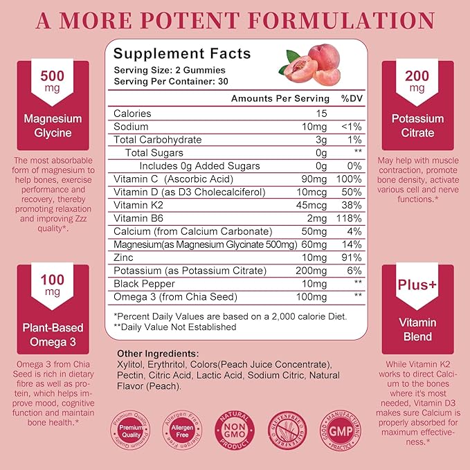 Potassium Magnesium Gummies - High Absorption Magnesium Glycinate 500mg & Potassium Citrate 200mg Plus Omega 3, B6, D3, K2 & Calcium - Chewable Gummy for Leg Cramps, Immunity & Energy - 60 Count