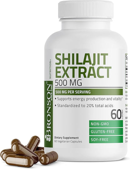 Bronson Shilajit Extract 500 MG Per Serving, Supports Energy Production & Vitality, Standardized to 20% Total Acids, Non-GMO, 60 Vegetarian Capsules
