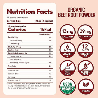 Organic Beet Root Powder, USDA Certified - Nitric Oxide Supplement, Beet Juice Powder Superfood for Healthy Heart, Beetroot Supplement, Beetroot Powder - 112 Servings, 1 lb
