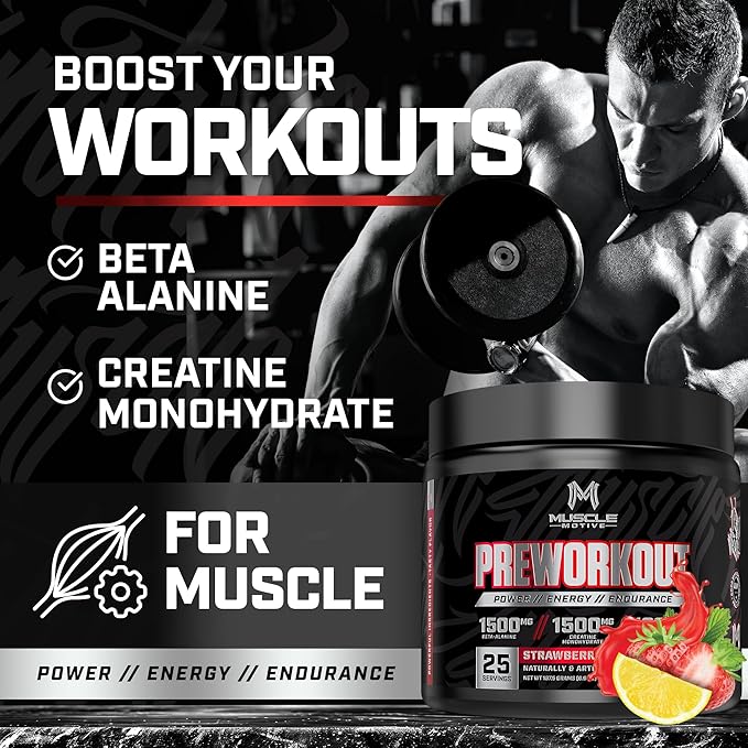 Pre Workout Powder with Beta Alanine, Creatine Monohydrate, BCAA, L Citrulline, L Arginine and Caffeine - Strawberry Lemonade Flavor - 25 Servings