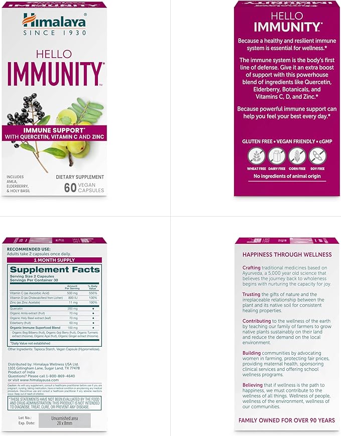 Himalaya Hello Immunity with Quercetin, Vitamin C, Vitamin D, Zinc, Amla, Elderberry & Holy Basil for Daily Immune Support, Vegan, Gluten Free, 60 Capsules, 1 Month Supply