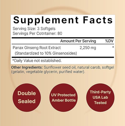 NatureBell Korean Red Ginseng 2,250mg Per Serving, 240 Softgels | Panax Ginseng Root, Standardized to 10% Ginsenosides, Non-GMO, Support Energy, Male Performance, & Immune System