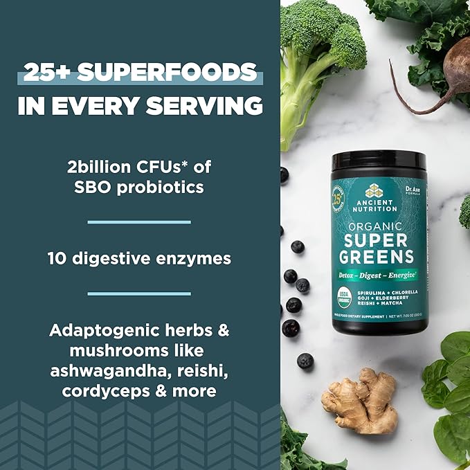 Super Greens Powder by Ancient Nutrition, Organic Superfood Powder with Probiotics Made with Spirulina, Chlorella, Matcha, and Digestive Enzymes, 25 Servings, 7.5oz