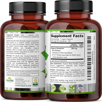 Zazzee USDA Organic Dandelion Root 10:1 Extract, 3000 mg Strength, 120 Capsules, 4 Month Supply, Standardized and Concentrated 10X Extract, 100% Vegetarian, All-Natural and Non-GMO