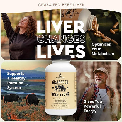 Ancestral Supplements Grass Fed Beef Liver 180 Capsules, Supports Energy Production, Detoxification, Digestion, Immunity and Full Body Wellness, Non-GMO, Freeze Dried Liver Health Supplement