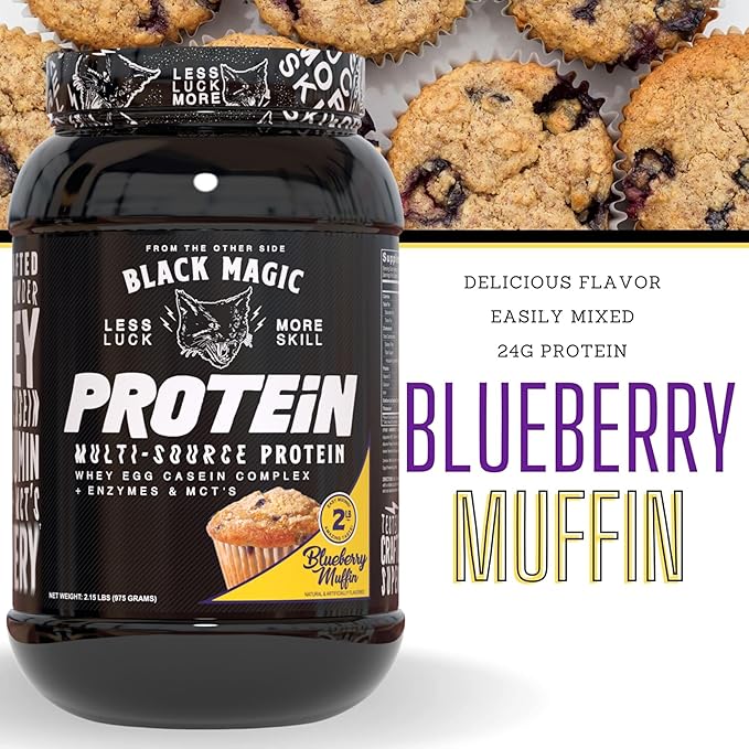 Worldwide Nutrition Bundle: Black Magic Multi-Source Protein Powder - Whey, Egg Albumin Enzymes, Micellar Casein & MCTs - Bodybuilding -Blueberry Muffin Flavor - 2 LB & Multi-Purpose Keychain