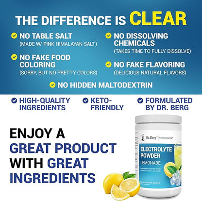 Dr. Berg Zero Sugar Hydration Keto Electrolyte Powder - Enhanced w/ 1000 mg of Potassium & Real Pink Himalayan Salt (NOT Table Salt) - Lemonade Flavor Hydration Drink Mix Supplement - 100 Servings