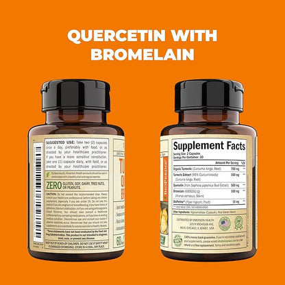 Quercetin with Bromelain Turmeric Supplement - Quercetin 500mg Capsules with Curcumin & Bromelain powder for Allergy & Joint Support. Turmeric Curcumin Bromelain Supplement. 120 Tumeric Caps 2-Pack