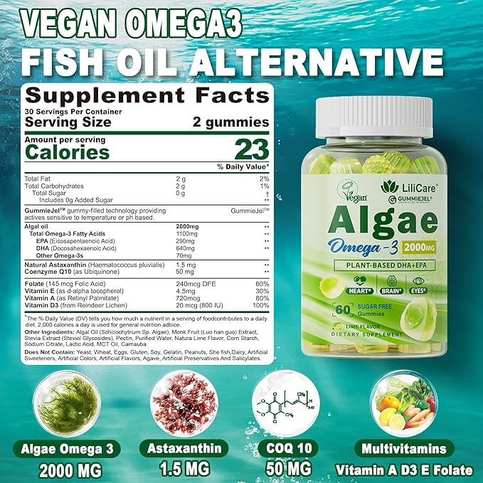 Vegan Omega 3 Supplement Gummies 1100mg, Algae Omega 3 DHA 640mg & EPA 290mg from Marine, with CoQ10, Astaxanthin, Vitamin E, A, D3 for Brain, Eye, Joint, Fish Oil Supplements Alternative, Sugar Free