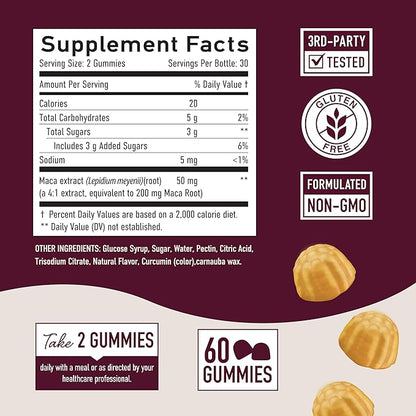 Maca Root Gummies with Natural Peach Flavor | Drive, Performance & Energy Support | Hormone Balance for Women and Men | Herbal Supplements 200MG Extra Strength | Vegetarian, Non-GMO | 60 Gummies