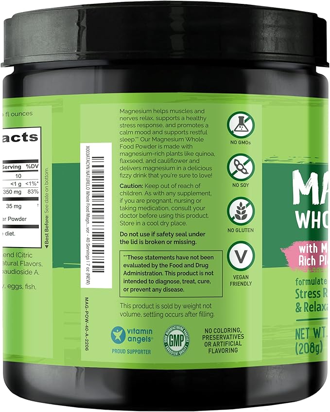 NATURELO Magnesium Powder - Whole Food Calm Magnesium Powder with Quinoa, Cauliflower, & Flaxseed for Stress Relief, Raspberry Lemon 40 Servings, 7oz