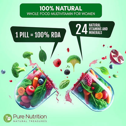 Pure Nutrition Whole Food Multivitamins for Women 1500mg. All Natural Plant-Based Multivitamin - Non GMO | Once Daily | 90 Tablets - 3 Months Supply