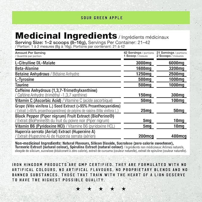 Iron Kingdom Pre Workout Powder for Men & Women Caffeine, Beta Alanine & Aminos for Intense Focus Endurance & Pump - Preworkout Energy Drink Powder Natural Sour Green Apple - 42 Servings