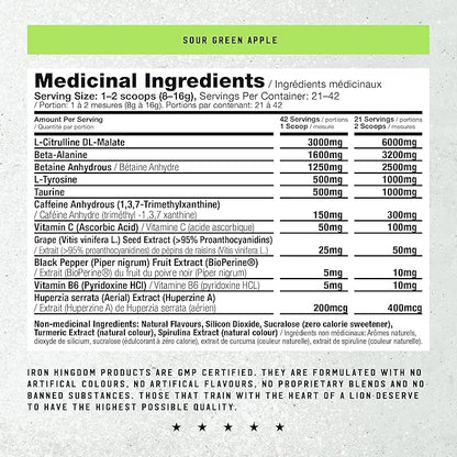 Iron Kingdom Pre Workout Powder for Men & Women Caffeine, Beta Alanine & Aminos for Intense Focus Endurance & Pump - Preworkout Energy Drink Powder Natural Sour Green Apple - 42 Servings