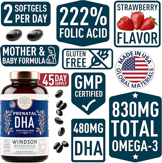 Prenatal Vitamins with DHA and Folic Acid - Fetal Development and Pregnancy Support - High-Potency Prenatal Vitamins For Women DHA and EPA Omega-3s D3 Prenatal DHA Fish Oil - 90 Strawberry Softgels