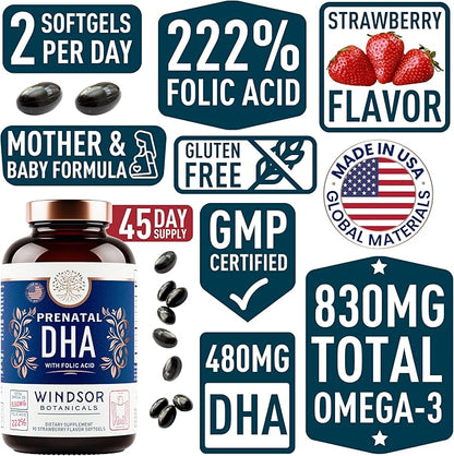 Prenatal Vitamins with DHA and Folic Acid - Fetal Development and Pregnancy Support - High-Potency Prenatal Vitamins For Women DHA and EPA Omega-3s D3 Prenatal DHA Fish Oil - 90 Strawberry Softgels