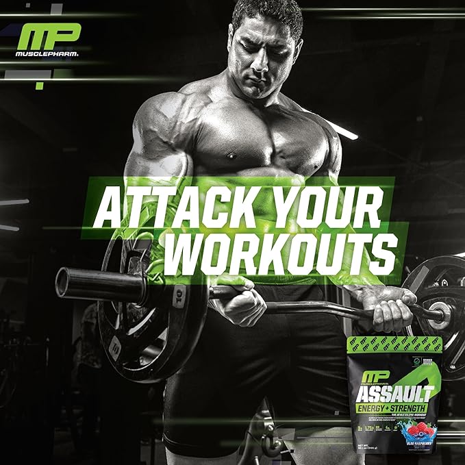 Muscle Pharm Assault Energy & Strength Pre Workout Powder for Men & Women with Beta Alanine, Caffeine, Creatine & Betaine Anhydrous, Pre-Workout Supplements, 30 Servings, Blue Raspberry Flavor