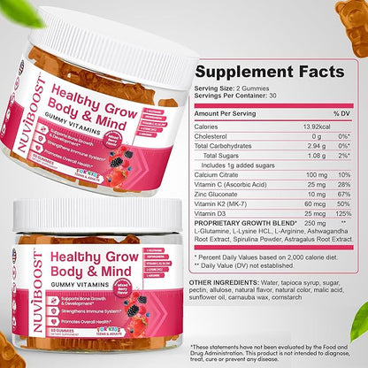 Healthy Grow Height Growth Gummies Rich in Calcium, Vitamins C, D3, K2, L-Arginine, Ashwagandha, and Others, Boost Bone Health & Immunity, Multivitamin, for Kids 5+, Teens and Adults.
