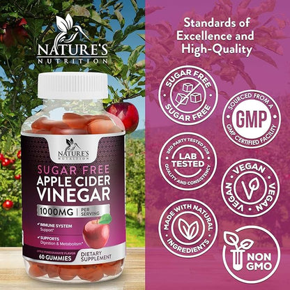 Nature's Nutrition Apple Vinegar Gummy for Weight Loss 1000mg - Vegan Apple Cider Vinegar Gummies for Detox & Cleanse, ACV Supplement Pills, Vitamin B12, Sugar Free ACV Gummy, Non-GMO - 60 Gummies