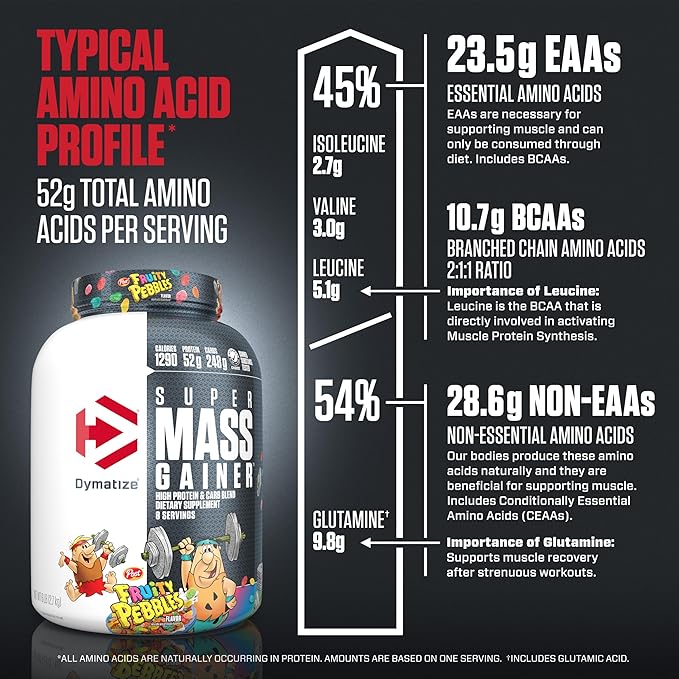 Dymatize Super Mass Gainer Protein Powder, 1290 Calories & 52g Protein, Mixes Easily, Tastes Delicious, Fruity Pebbles, 6 Pound