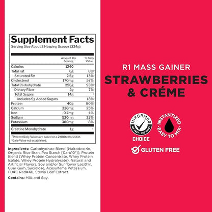 Rule One Proteins, Mass Gainer-Strawberries & Crème, High-Calorie Weight Gain Formula w/ 1,220+ Calories, 250g+ Complex Carb Blend, 40g All-Whey Protein, 8g Fat Per Serving, 6 Pounds, 8 Servings