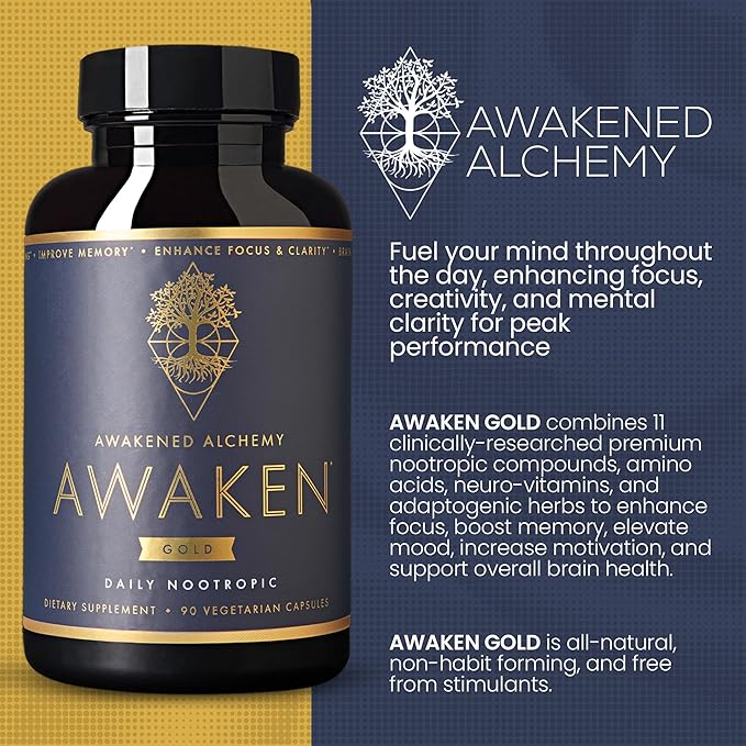 Awaken Gold Premium Nootropic Supplement | Advanced Brain Nutrition | Improve Memory & Learning | Enhance Focus & Clarity | Intensify Drive | 11 Premium Ingredients | 45 Servings