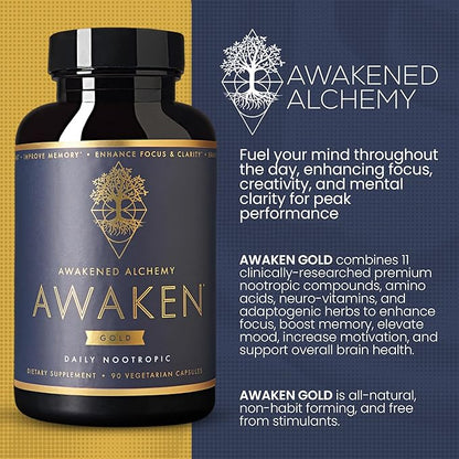 Awaken Gold Premium Nootropic Supplement | Advanced Brain Nutrition | Improve Memory & Learning | Enhance Focus & Clarity | Intensify Drive | 11 Premium Ingredients | 45 Servings