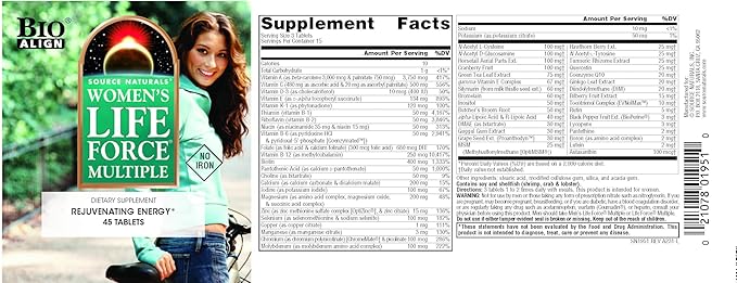 Source Naturals Women's Life Force Multiple Iron Free - Daily Complete Multivitamin 13 Essential Vitamins, Antioxidants, Herbs, Nutrients & Minerals - Enhanced Energy & Immune Boost - 45 Tablets