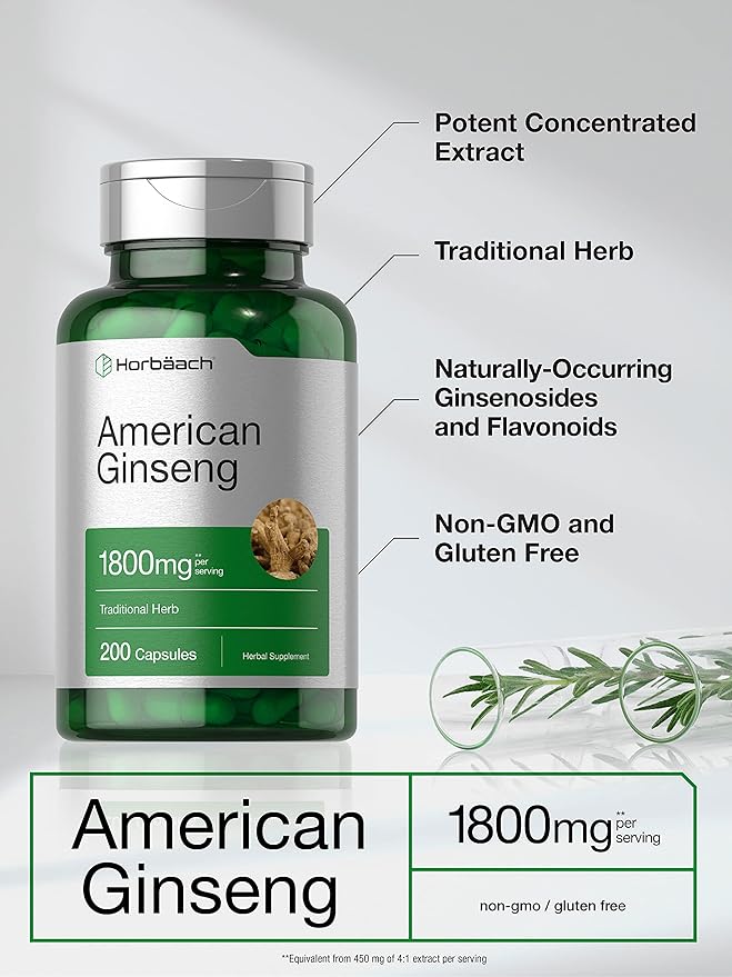 Horbäach American Ginseng Capsules | 1800 mg | 200 Count | Non-GMO, Gluten Free Supplement | Ginseng Root Extract Complex