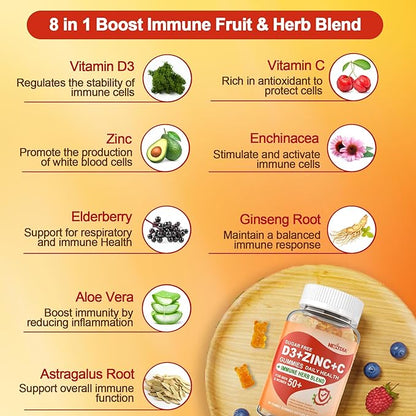 Sugar Free Vitamin C + D3 + Zinc Gummies for Adults 50 +, 9 in 1 Immune Defense Supplement with D3 5000IU, Elderberry, Echinacea, Mullein Leaf for Boost Immunity, Power Antioxidant, Vegan (Pack of 1)