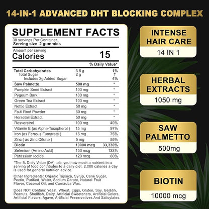 DHT Blocker Gummies Hair Growth Supplement, Super Potency Saw Palmetto & Biotin 10000 mcg for Women & Men, Plus 12 Proprietary Blend - Prevent Hair Loss, Blocking DHT Receptors, Hormonal Balance