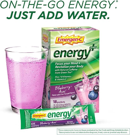 Emergen-C Energy+, With B Vitamins, Vitamin C And Natural Caffeine From Green Tea(Blueberry Acai Flavor) Dietary Supplement Drink Mix, 0.33 Ounce Powder Packets(Pack of 18)