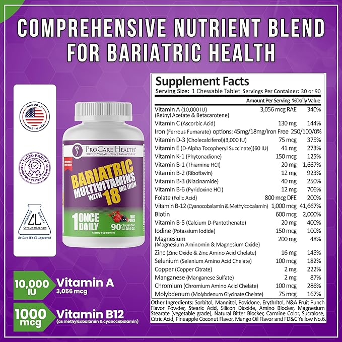 Procare Health Bariatric chewable Multivitamin with Iron 18mg (90 Tablets) - Fruit Punch Flavor Bariatric Multivitamin Chewable Pills for Gastric Bypass & Sleeve Gastrectomy Patients* (3 Month Supply)