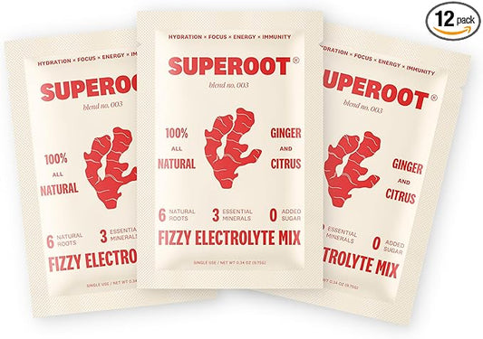 SUPEROOT® Travel Pack Natural Electrolytes Powder with Ginger, Turmeric, and Maca Root, Sugar & Caffeine Free Drink Mix, Clean Hydration, Energy, Detox & Immune Boost, 12 Count (Ginger Citrus)