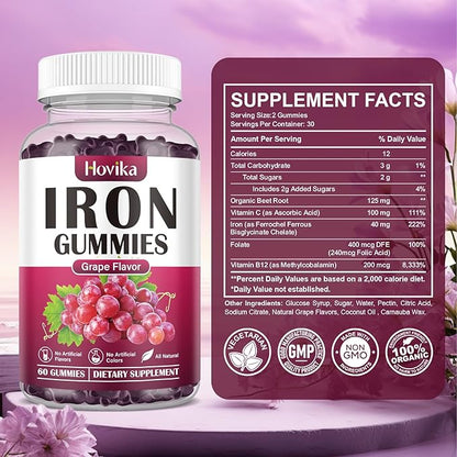 Iron Gummies Supplement for Women & Men, Iron Supplements for Anemia with Vitamin C, B12, Folate-Blood Builder & Energy Support for Iron Deficiency-Grape Flavor, Vegan, 60 Gummies