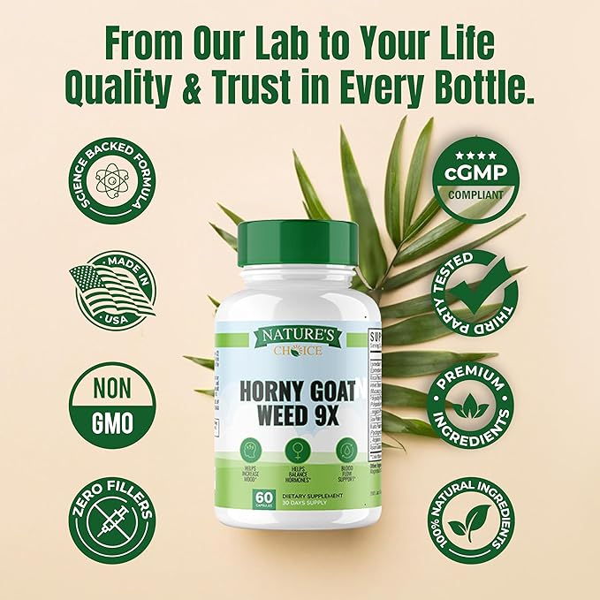 Nature's Choice - Horny Goat Weed 9x Active Ingredients for Blood Flow, Hormone Balance, Energy & Stamina - L-Arginine, Longjack, Saw Palmetto + 6 More Ingredients - 3rd Party Tested - 60 Capsules