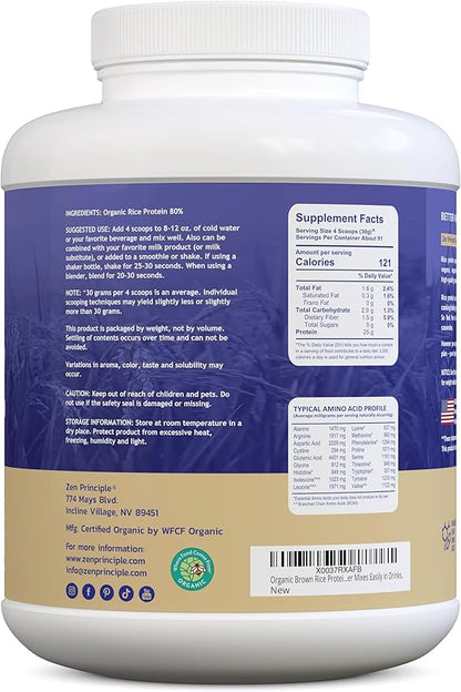Zen Principle Organic Brown Rice Protein 6 LB. USDA Certified Organic. Unflavored. Non-GMO. Vegan.