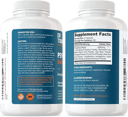 Dr. Tobias Psyllium Daily, Supports Healthy Bowel Movement, Psyllium Husk Capsules with Bentonite Clay, Flaxseed & Natural Ingredients, Daily Fiber Supplement in Support of Colon Health, 180 Capsules
