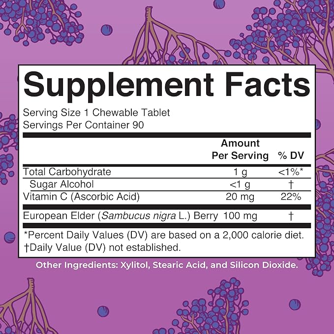 MaryRuth Organics Elderberry Vitamin C Chewable Tablets | Sambucus nigra | Black Elderberry for Immune Support | 3 Month Supply | Gluten Free | Non-GMO | 90 Servings