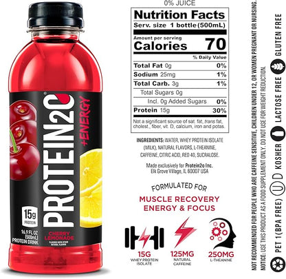 Protein2o 15g Whey Protein Infused Water Plus Energy, Cherry Lemonade, 16.9 oz Bottle (Pack of 12)